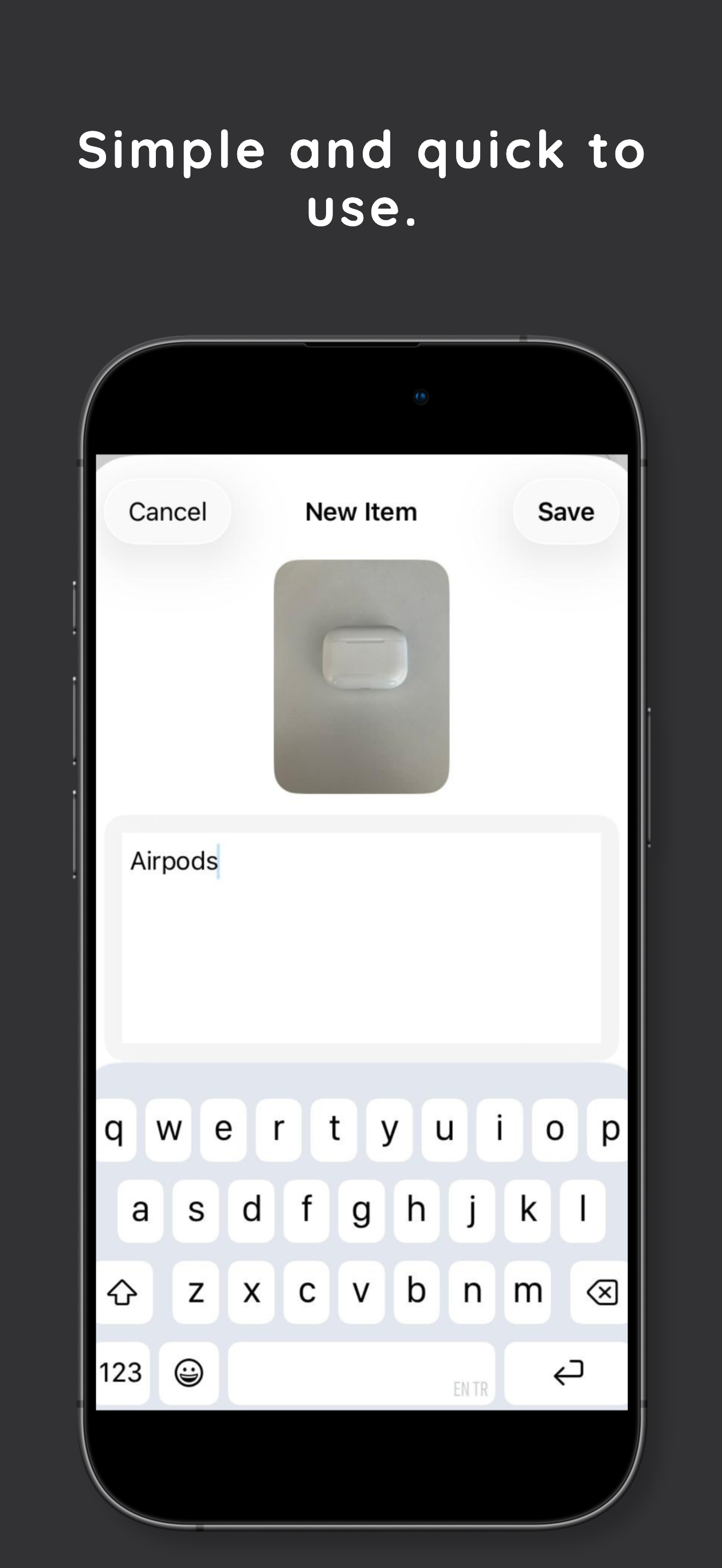 Adding a new item — tap + and take a photo