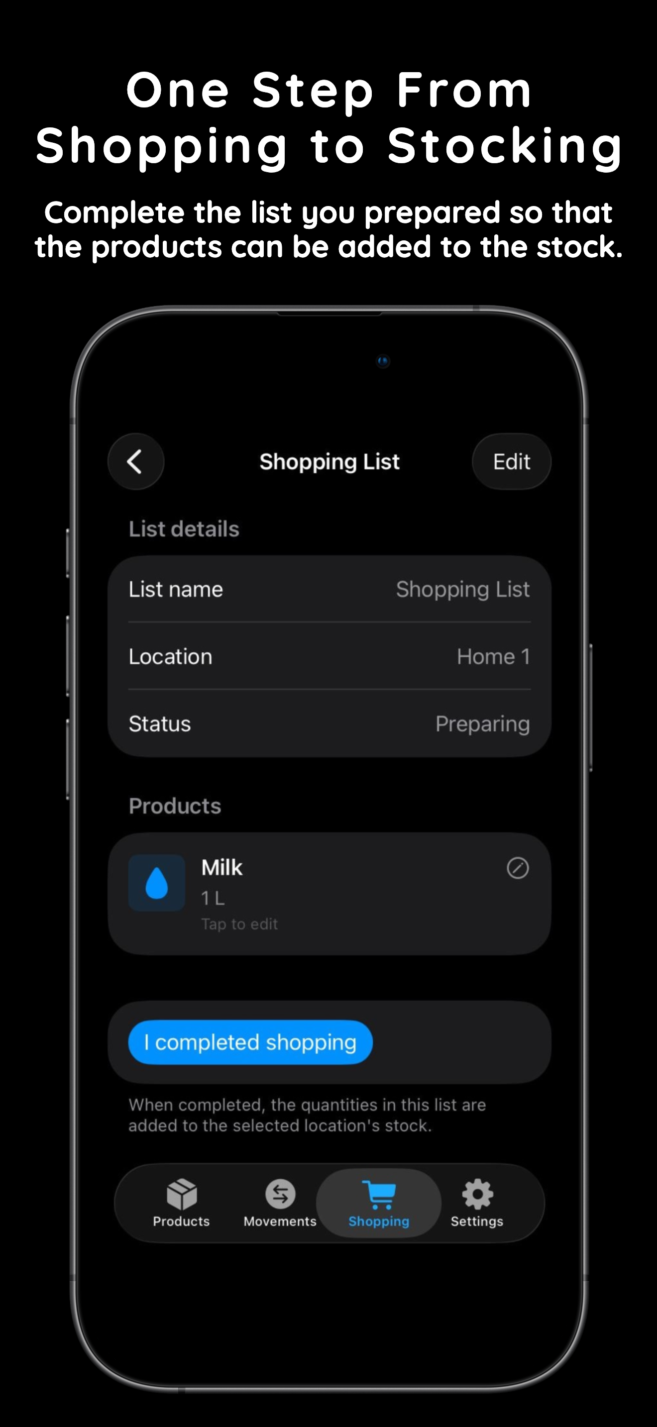 Keep in Stock shopping list detail screen