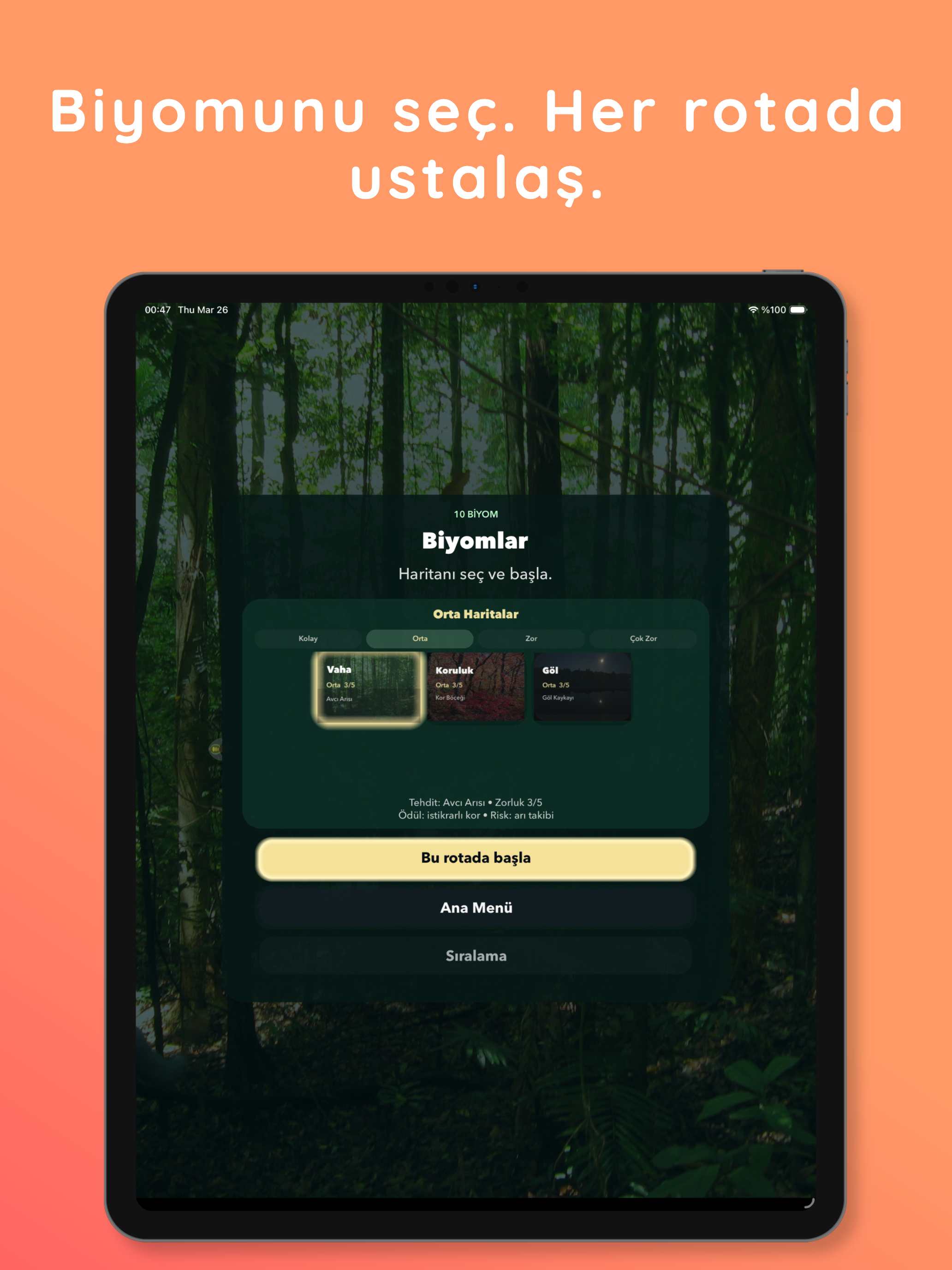 Keep on Fire biyom seçim ekranı iPad görüntüsü